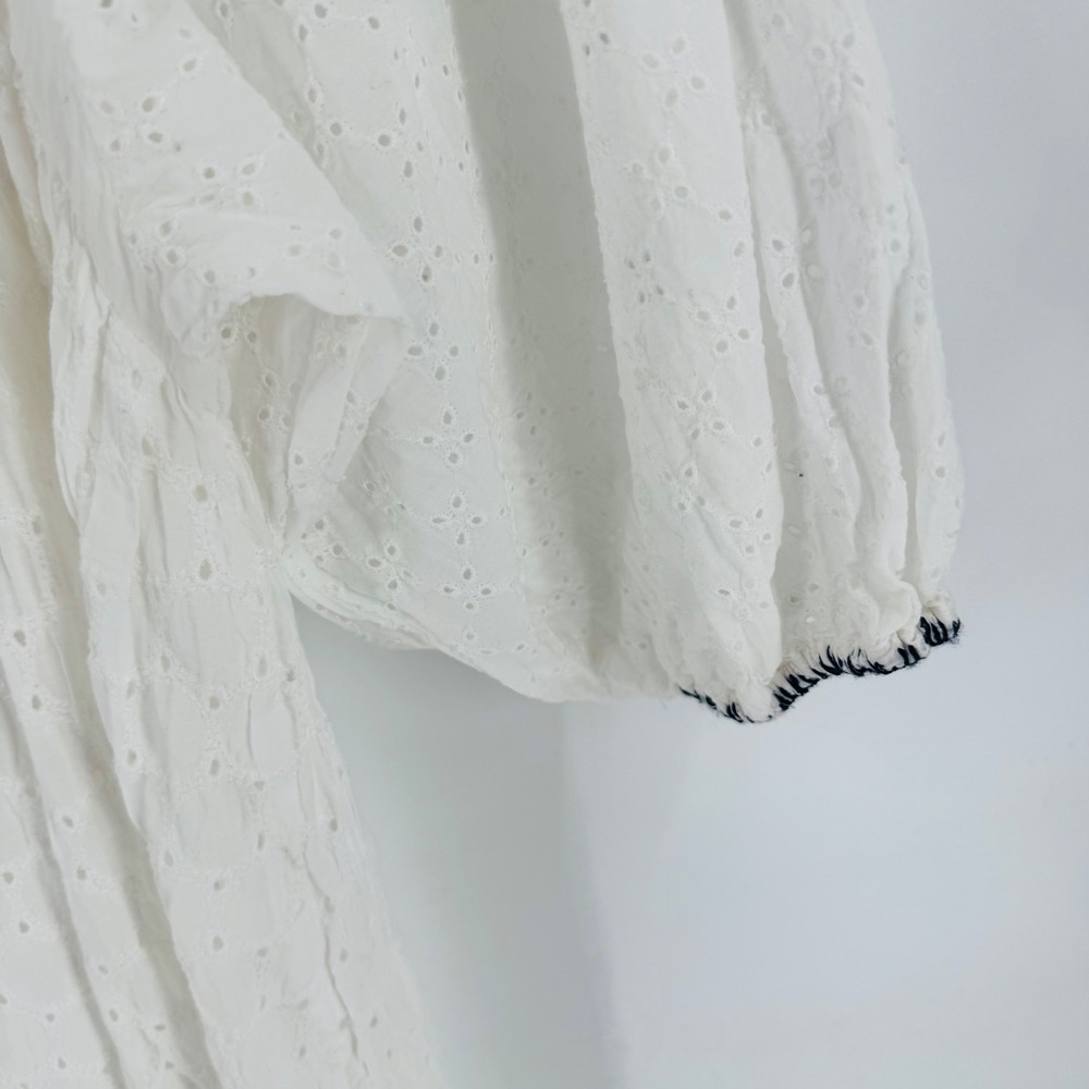 Zara White Eyelet Peasant Mini Dress Size M Boho Embroidered Puff Sleeve Cottage - Picture 5 of 8